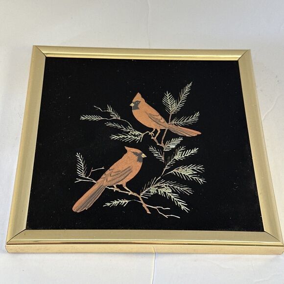 Vintage 80s framed foil art cardinals kafka industries 6.25X6.25 with frame - Picture 3 of 5